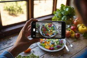 Food blogger taking a photo of a colorful salad on a wooden table with natural light coming in from a window illustration