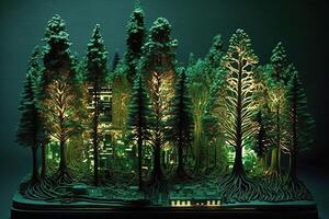 forest of trees that are made out of circuit boards and other electronic components, with glowing LED lights replacing the leaves illustration photo