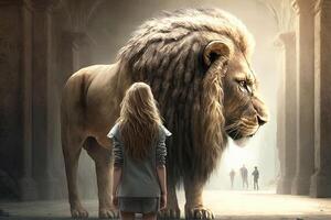 niña frente a un gigante león ilustración generativo ai foto