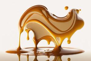 flowing melted caramel sauce macro on white background illustration photo