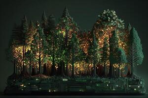 forest of trees that are made out of circuit boards and other electronic components, with glowing LED lights replacing the leaves illustration photo