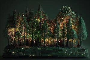 bosque de arboles ese son hecho fuera de circuito tableros y otro electrónico componentes, con brillante LED luces reemplazando el hojas ilustración generativo ai foto