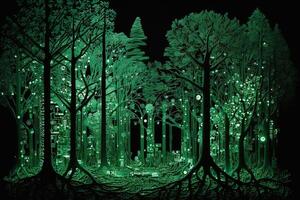 forest of trees that are made out of circuit boards and other electronic components, with glowing LED lights replacing the leaves illustration photo