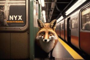 zorro animal en nuevo York ciudad subterraneo subterráneo metro tren ilustración generativo ai foto