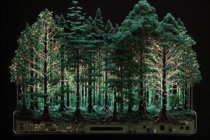 forest of trees that are made out of circuit boards and other electronic components, with glowing LED lights replacing the leaves illustration photo
