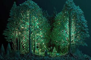 forest of trees that are made out of circuit boards and other electronic components, with glowing LED lights replacing the leaves illustration photo