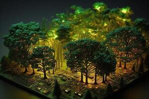 bosque de arboles ese son hecho fuera de circuito tableros y otro electrónico componentes, con brillante LED luces reemplazando el hojas ilustración generativo ai foto