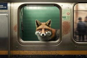 zorro animal en nuevo York ciudad subterraneo subterráneo metro tren ilustración generativo ai foto