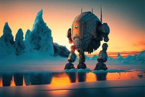 frozen robot on ice planet illustration photo