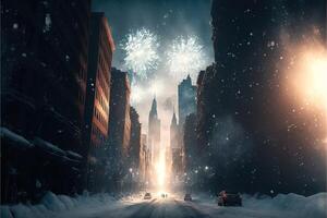 celebrando nuevo año víspera en nuevo York debajo el nieve tormenta ilustración generativo ai foto