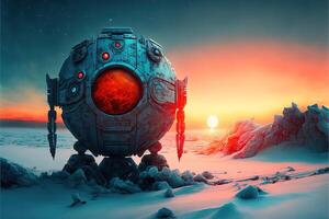 frozen robot on ice planet illustration photo