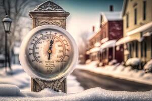 frozen thermometer outdoor in America, Usa Wintertime in the snow on frosty day illustration photo