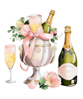 Set of watercolor wedding elements. The bride ,shoes, cake, bouquet, plate and appliances, camera, champagne glasses, flower arch png