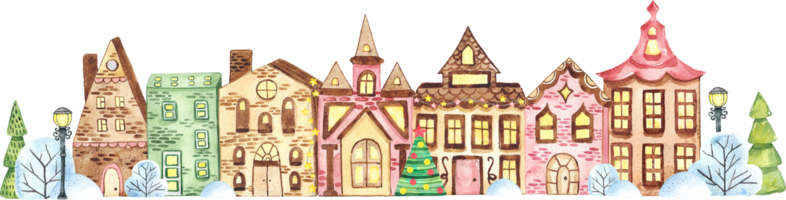 Watercolor Christmas Village watercolor illustrations on the theme of Christmas. Cozy Christmas houses. Stars, snowflakes, snowman, spruce and branches, festive mood for stickers, png