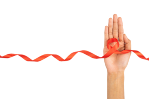 hand holding red ribbon. health awareness sign png