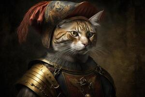 Adventurer conquistador conqueror spanish as cat famous historical character portrait illustration photo