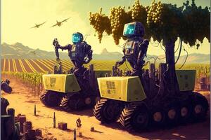 future vineyard where technology is used, robots are harvesting grapes llustration photo