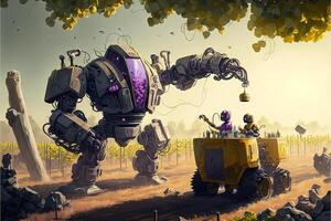 future vineyard where technology is used, robots are harvesting grapes llustration photo