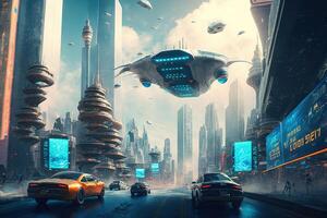 futurista nuevo York ciudad paisaje urbano con volador carros y holográfico anuncios ilustración generativo ai foto