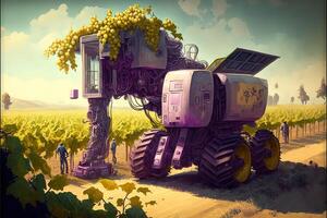 futuro viñedo dónde tecnología es usado, robots son cosecha uvas Ilustracion generativo ai foto