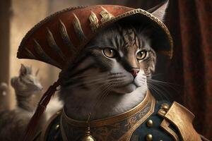 Adventurer conquistador conqueror spanish as cat famous historical character portrait illustration photo