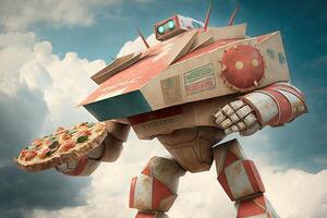 Robot made out of pizza boxes delivering pizzas illustration photo