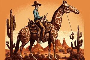 cowboy riding giraffe in wild west illustration photo