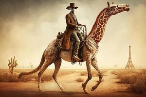 cowboy riding giraffe in wild west illustration photo