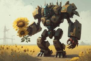 Giant robot holding a bouquet of flowers and walking through a field of sunflowers illustration photo