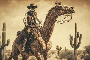 vaquero montando jirafa en salvaje Oeste ilustración generativo ai foto