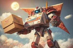 Robot made out of pizza boxes delivering pizzas illustration photo