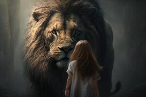 girl facing a giant lion illustration photo