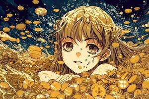 niña nadando en un mar hecho fuera de oro monedas, bonito anime manga personaje ilustración generativo ai foto