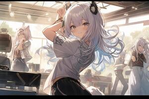 linda anime manga colegio niña bailando en un mesa a el disco ilustración generativo ai foto