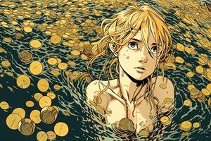 Girl swimming in a sea made out of gold coins, pretty anime manga character illustration photo