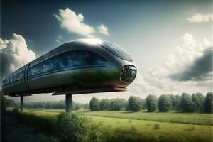 Concept of magnetic levitation train moving on the sky illustration photo