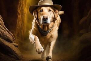 Golden Retriever Dog archeologist with hat and whip escaping from danger illustration photo