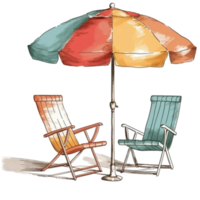 rétro aquarelle plage parapluie avec chaise, ai génératif png