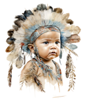 Native american kid with feather crown watercolor, AI Generative png