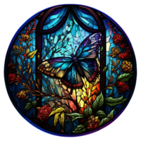 Stained glass butterfly round, png