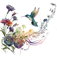 Hummingbird with flowers watercolor illustration, png