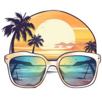 Retro tropical beach summer scene with sunglass and palm tree, watercolor, AI Generative png