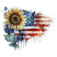 waterverf zonnebloem met Amerikaans vlag, 4e van juli, ai generatief png