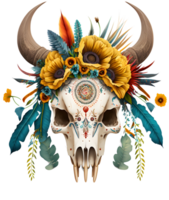 Bull skull with flowers, boho and gothic style, isolated png