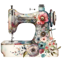 Vintage Sewing Machine Floral Watercolor Graphic, png