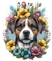 puppy with flowers, dog head with flowers, isolated, png