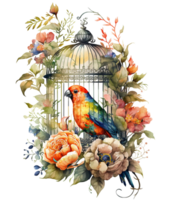 Vogel im Käfig mit Blumen um isoliert, ai generativ png