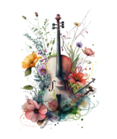 Violin covered with colorful flowers. watercolor graphics, png