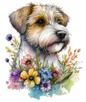 chiot avec fleurs, chien tête avec fleurs, isolé, ai génératif png