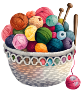 basket of yarn and needles, watercolor, isolated, png